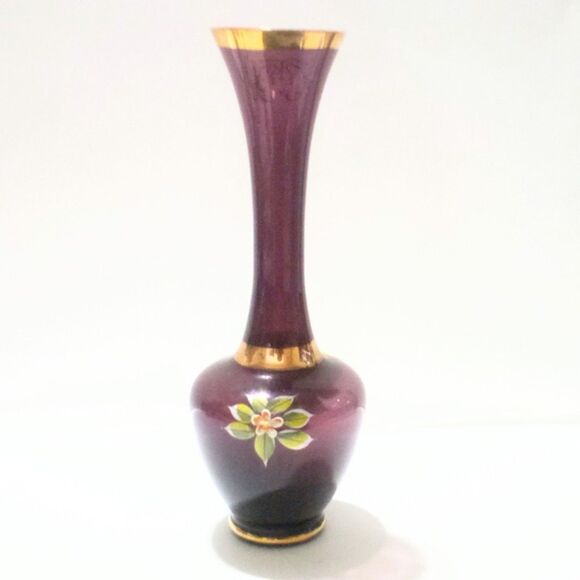 Vintage Bohemian Amethyst Glass Hand Painted Gold Trimmed Vase - Picture 3 of 6
